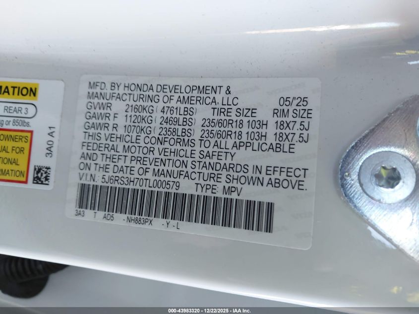 2026 Honda Cr-V Ex-L 2Wd VIN: 5J6RS3H70TL000579 Lot: 43983320