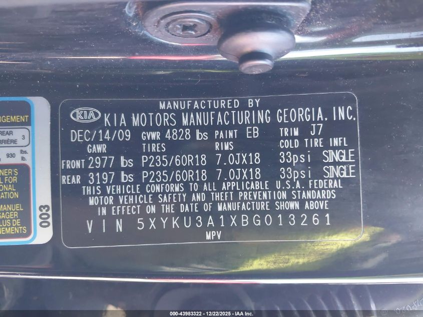 2011 Kia Sorento Ex VIN: 5XYKU3A1XBG013261 Lot: 43983322