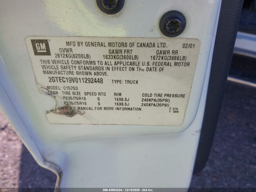 2001 GMC Sierra 1500 Sle VIN: 2GTEC19V011292448 Lot: 43983324