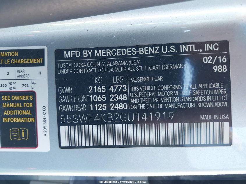 2016 Mercedes-Benz C 300 4Matic VIN: 55SWF4KB2GU141919 Lot: 43983331