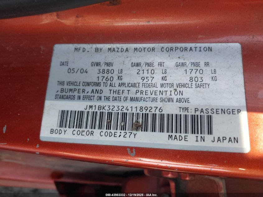 2004 Mazda Mazda3 S VIN: JM1BK323241189276 Lot: 43983332