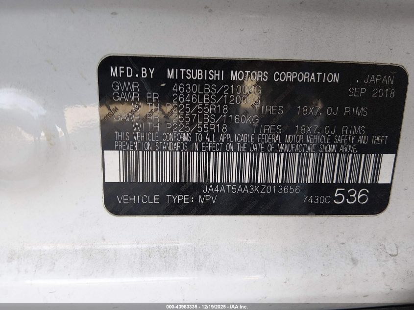 2019 Mitsubishi Eclipse Cross Se VIN: JA4AT5AA3KZ013656 Lot: 43983335