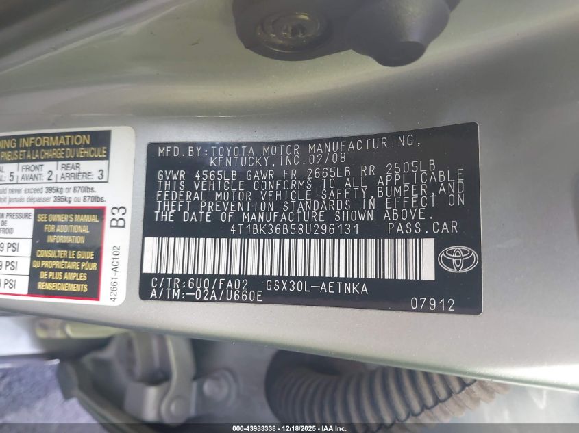 2008 Toyota Avalon Xl VIN: 4T1BK36B58U296131 Lot: 43983338