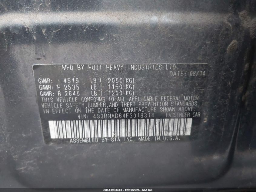 2015 Subaru Legacy 2.5I Premium VIN: 4S3BNAD64F3018314 Lot: 43983343