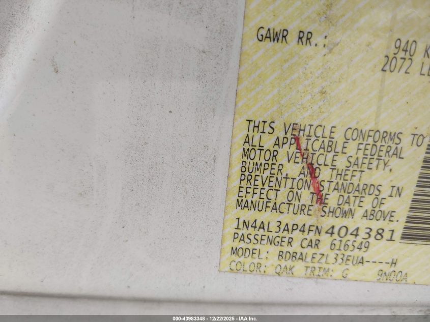 2015 Nissan Altima 2.5 S VIN: 1N4AL3AP4FN404381 Lot: 43983348