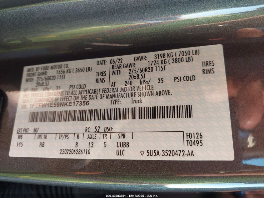 2022 Ford F-150 Lariat VIN: 1FTFW1E59NKE17356 Lot: 43983351