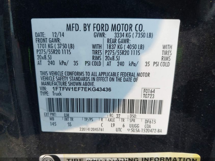 2014 Ford F-150 Stx VIN: 1FTFW1EF7EKG43436 Lot: 43983352