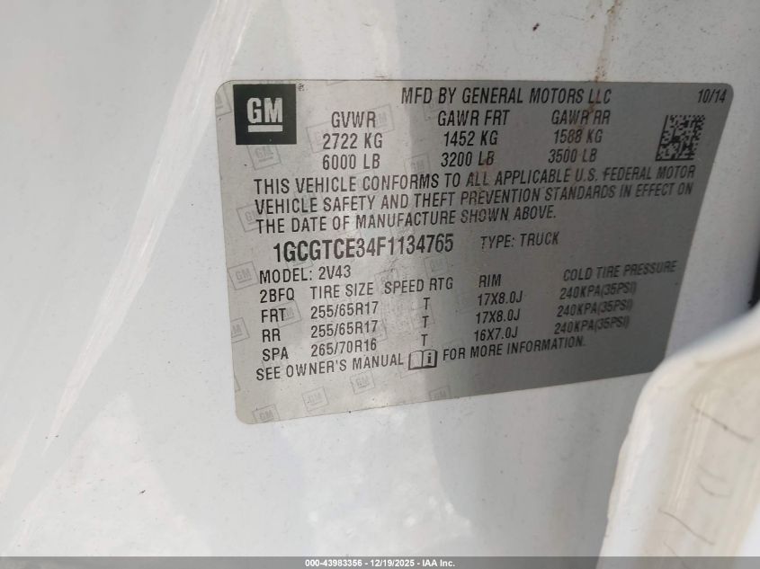 2015 Chevrolet Colorado Z71 VIN: 1GCGTCE34F1134765 Lot: 43983356