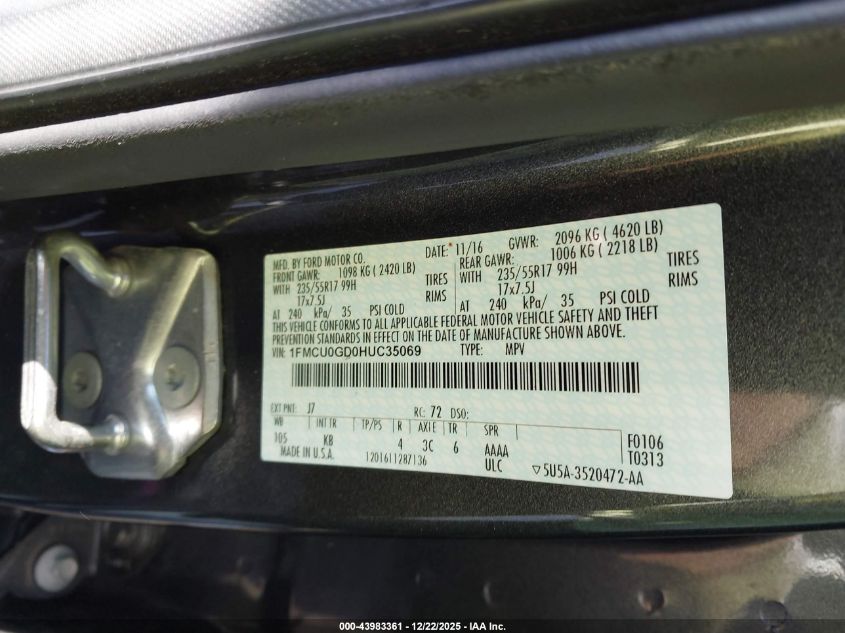 2017 Ford Escape Se VIN: 1FMCU0GD0HUC35069 Lot: 43983361