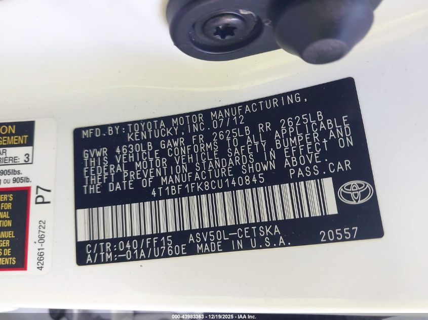 2012 Toyota Camry Se VIN: 4T1BF1FK8CU140845 Lot: 43983363