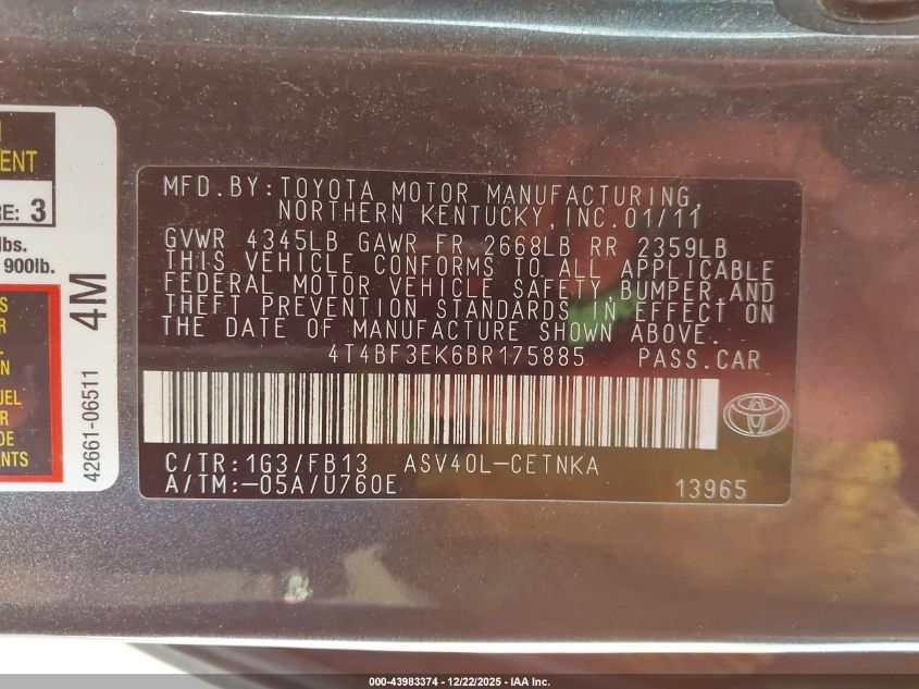 2011 Toyota Camry Le VIN: 4T4BF3EK6BR17855 Lot: 43983374