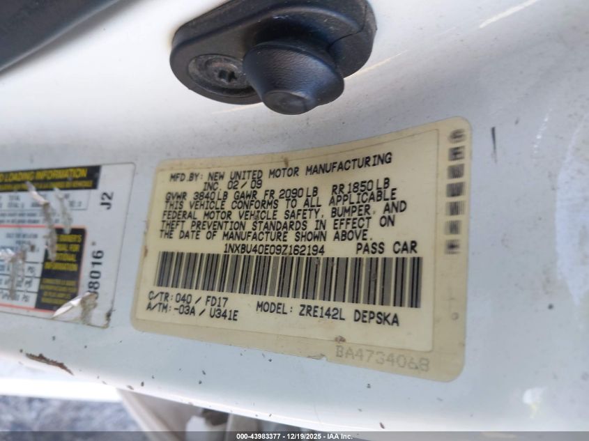 2009 Toyota Corolla S VIN: 1NXBU40E09Z162194 Lot: 43983377