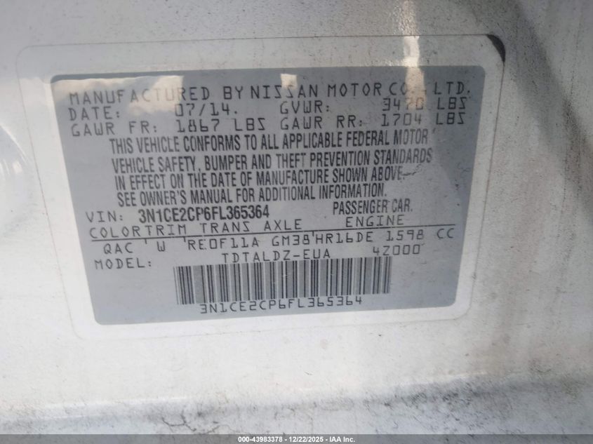 2015 Nissan Versa Note Sv VIN: 3N1CE2CP6FL365364 Lot: 43983378