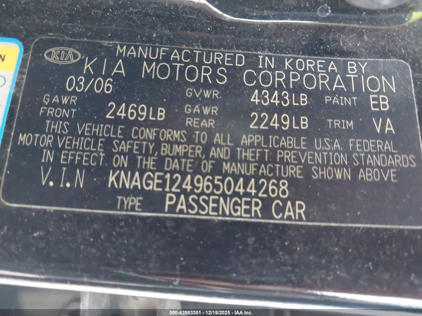 2006 Kia Optima Ex V6 (New)/Lx V6 (New) VIN: KNAGE124965044268 Lot: 43983381