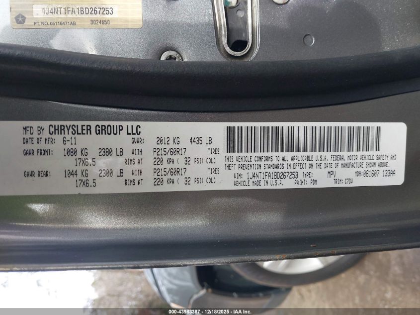 2011 Jeep Compass VIN: 1J4NT1FA1BD267253 Lot: 43983387