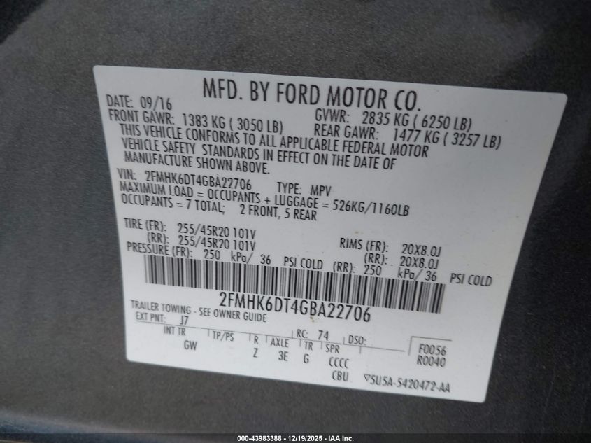 2016 Ford Flex Limited VIN: 2FMHK6DT4GBA22706 Lot: 43983388