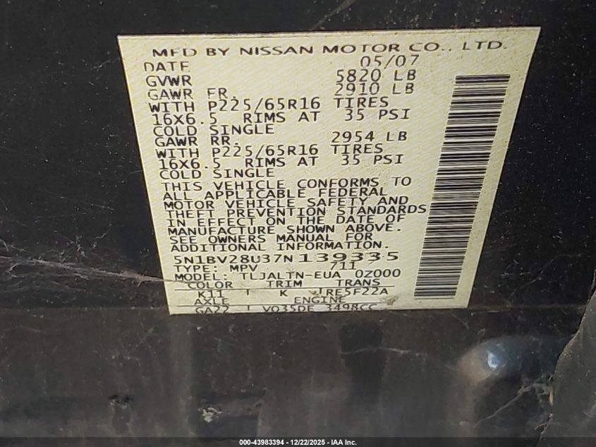 2007 Nissan Quest 3.5 Sl VIN: 5N1BV28U37N139335 Lot: 43983394