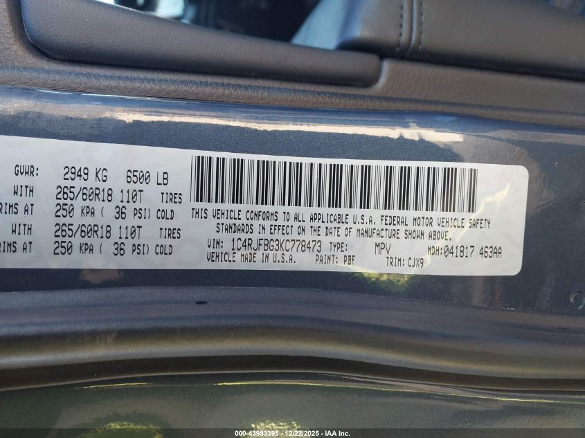 2019 Jeep Grand Cherokee Limited 4X4 VIN: 1C4RJFBG3KC778473 Lot: 43983395