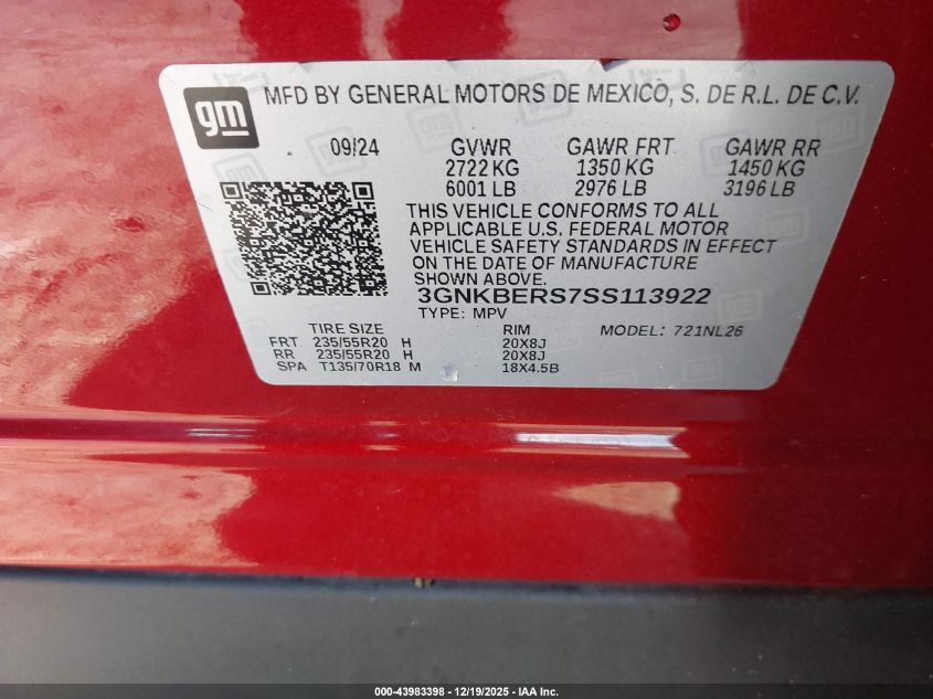 2025 Chevrolet Blazer Fwd Rs VIN: 3GNKBERS7SS113922 Lot: 43983398