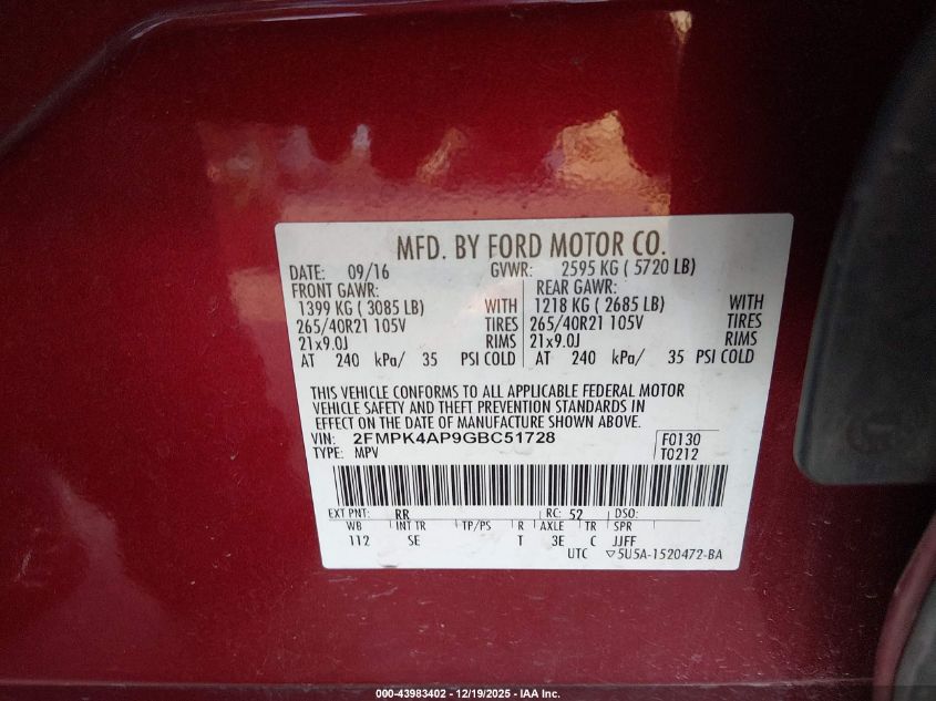 2016 Ford Edge Sport VIN: 2FMPK4AP9GBC51728 Lot: 43983402