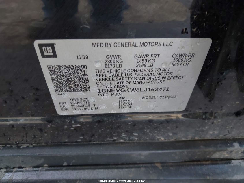 2020 Chevrolet Traverse Awd Lt Cloth VIN: 1GNEVGKW8LJ163471 Lot: 43983408