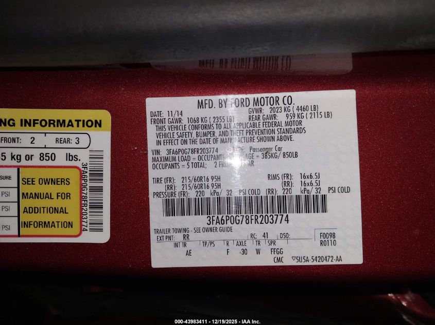 2015 Ford Fusion S VIN: 3FA6P0G78FR203774 Lot: 43983411