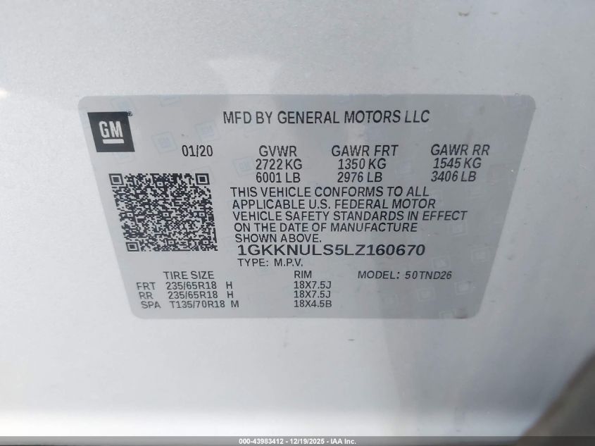 2020 GMC Acadia Awd Slt VIN: 1GKKNULS5LZ160670 Lot: 43983412