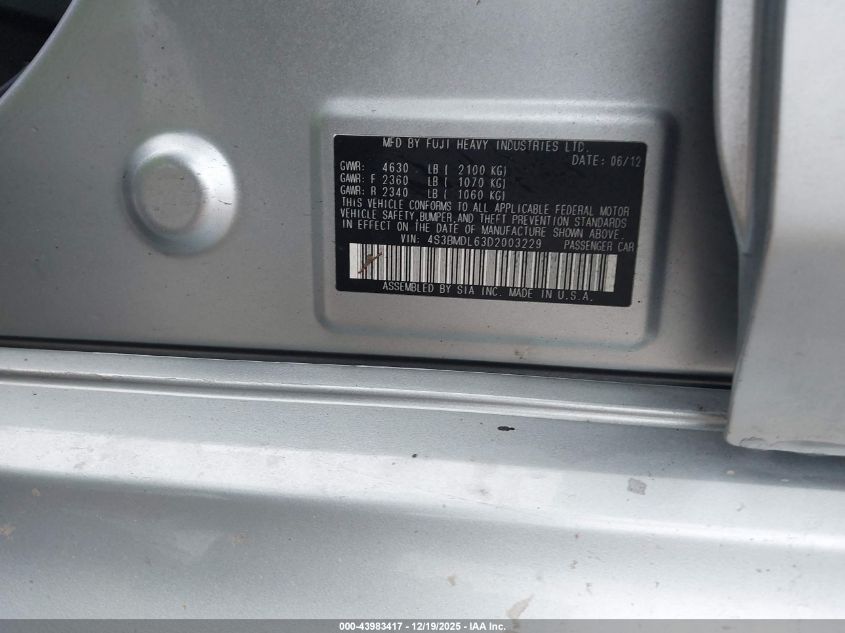 2013 Subaru Legacy 3.6R Limited VIN: 4S3BMDL63D2003229 Lot: 43983417