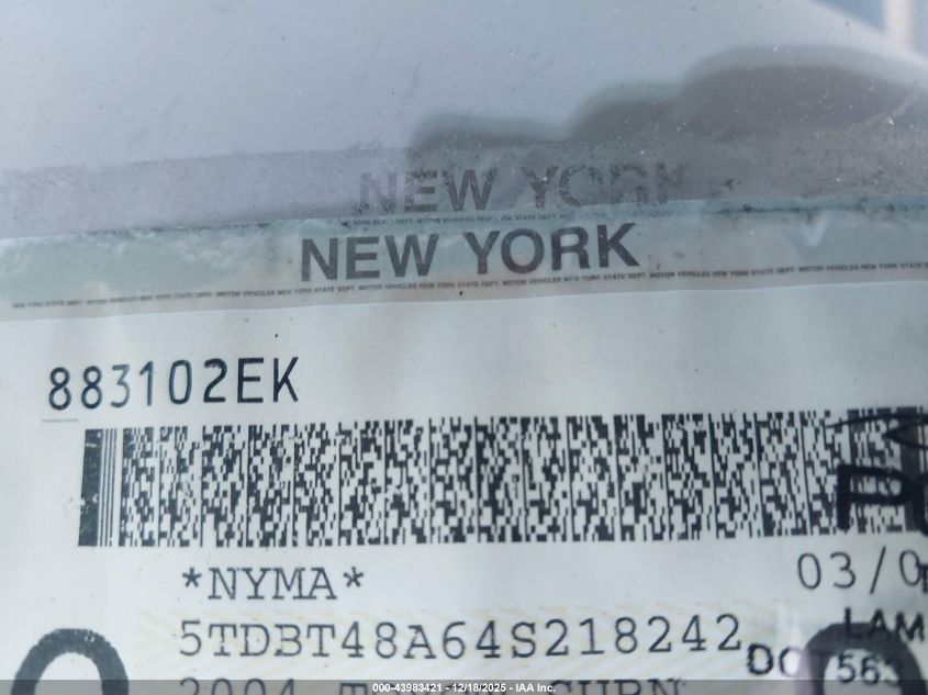 2004 Toyota Sequoia Limited V8 VIN: 5TDBT48A64S218242 Lot: 43983421