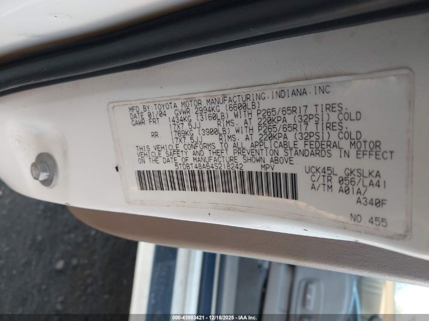 2004 Toyota Sequoia Limited V8 VIN: 5TDBT48A64S218242 Lot: 43983421