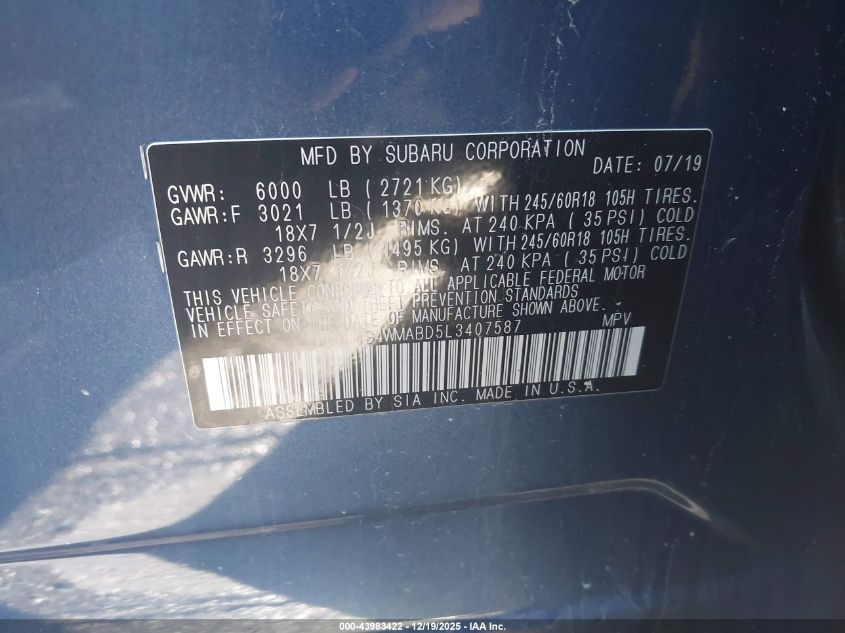 2020 Subaru Ascent Premium VIN: 4S4WMABD5L3407587 Lot: 43983422