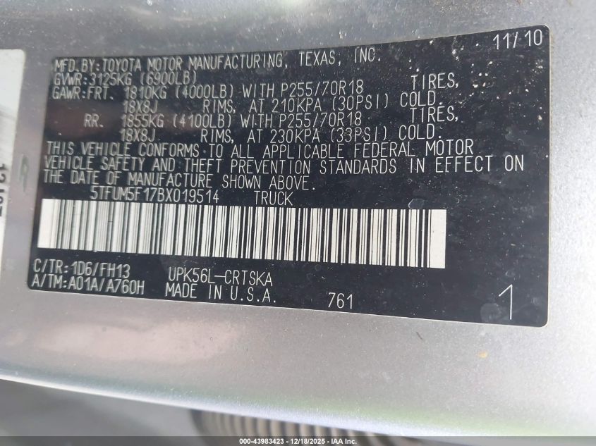 2011 Toyota Tundra Grade 4.6L V8 VIN: 5TFUM5F17BX019514 Lot: 43983423