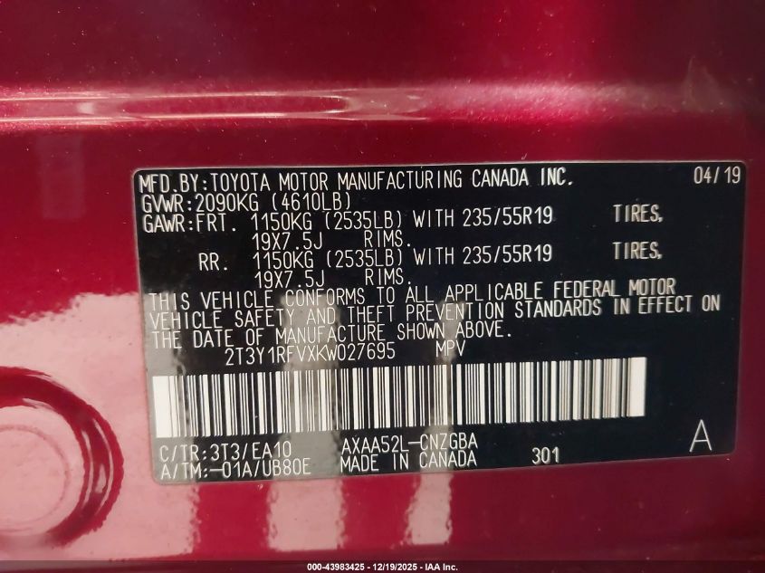 2019 Toyota Rav4 Limited VIN: 2T3Y1RFVXKW027695 Lot: 43983425