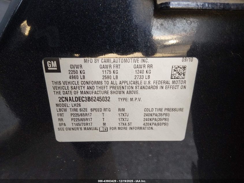 2011 Chevrolet Equinox 1Lt VIN: 2CNALDEC3B6245032 Lot: 43983429