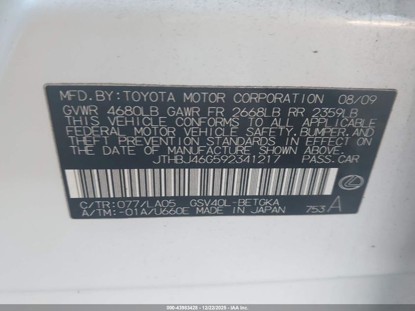 2009 Lexus Es 350 VIN: JTHBJ46G592341217 Lot: 43983428