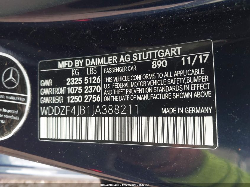 2018 Mercedes-Benz E 300 VIN: WDDZF4JB1JA388211 Lot: 43983430