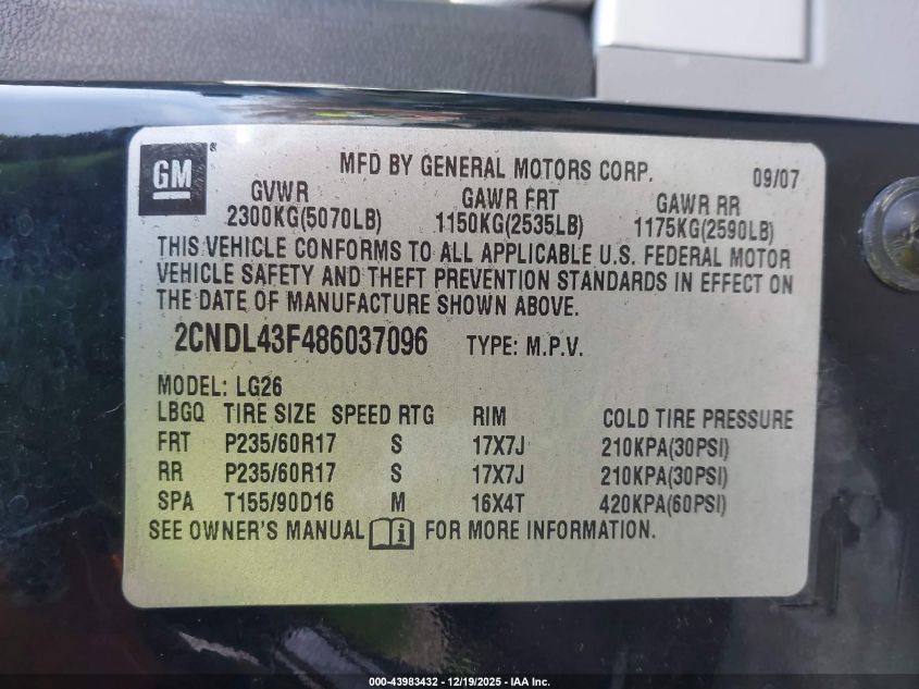 2008 Chevrolet Equinox Lt VIN: 2CNDL43F486037096 Lot: 43983432