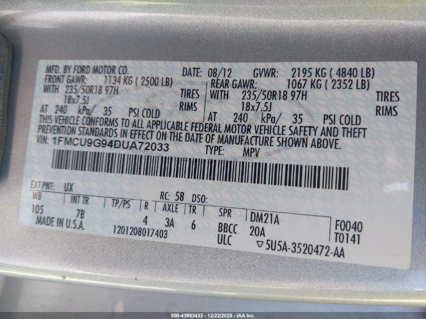 2013 Ford Escape Se VIN: 1FMCU9G94DUA72033 Lot: 43983433