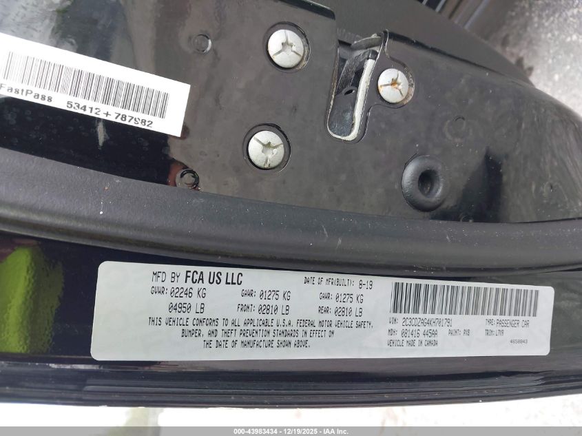 2019 Dodge Challenger Sxt VIN: 2C3CDZAG4KH701791 Lot: 43983434