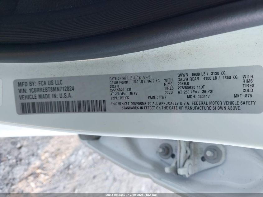 2021 Ram 1500 Big Horn 4X2 6'4 Box VIN: 1C6RREBT8MN712824 Lot: 43983440