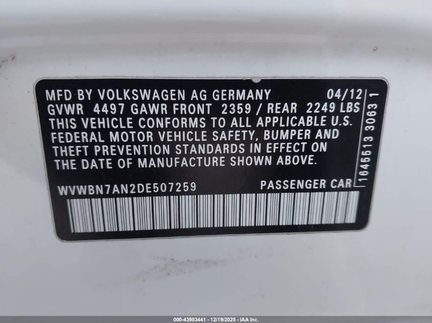 2013 Volkswagen Cc 2.0T Sport Plus VIN: WVWBN7AN2DE507259 Lot: 43983441