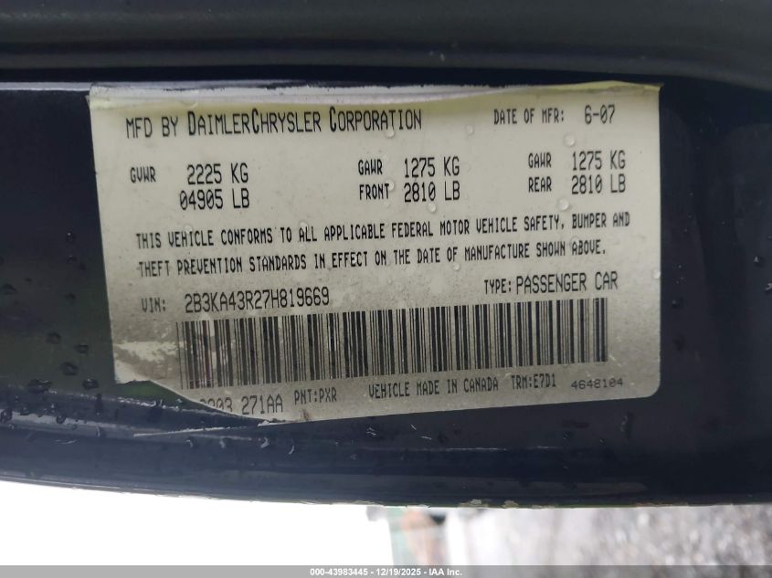 2007 Dodge Charger VIN: 2B3KA43R27H819669 Lot: 43983445