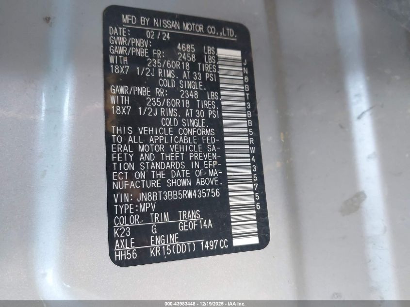 2024 Nissan Rogue Sv Intelligent Awd VIN: JN8BT3BB5RW435756 Lot: 43983448