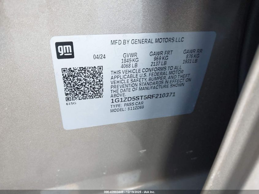 2024 Chevrolet Malibu Fwd 1Lt VIN: 1G1ZD5ST5RF210371 Lot: 43983449