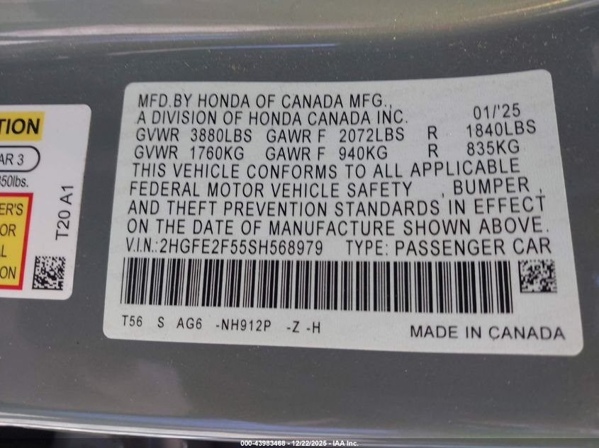 2025 Honda Civic Sport VIN: 2HGFE2F55SH568979 Lot: 43983468