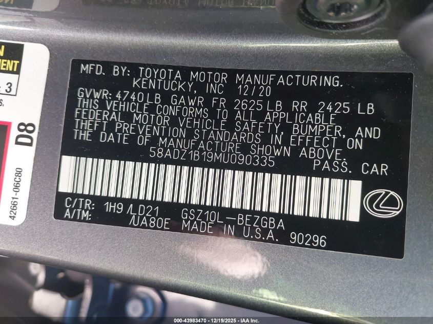 2021 Lexus Es 350 VIN: 58ADZ1B19MU090335 Lot: 43983470