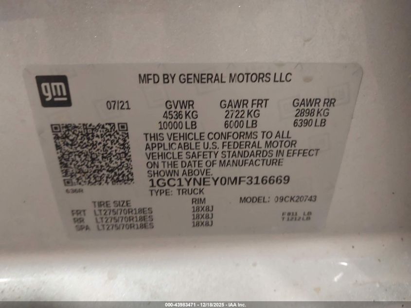 2021 Chevrolet Silverado 2500Hd 4Wd Standard Bed Lt VIN: 1GC1YNEY0MF316669 Lot: 43983471