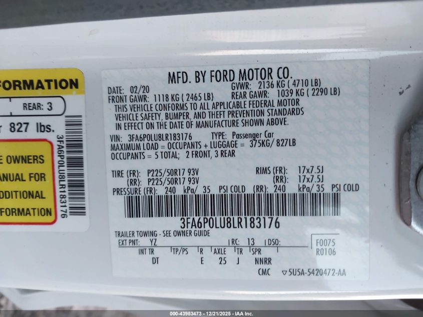 2020 Ford Fusion Hybrid Se VIN: 3FA6P0LU8LR183176 Lot: 43983473