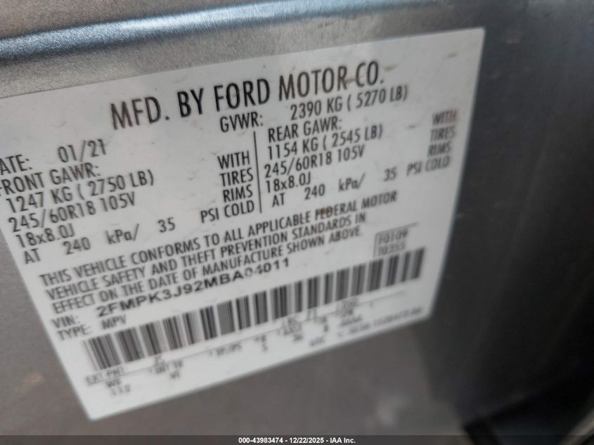 2021 Ford Edge Sel VIN: 2FMPK3J92MBA04011 Lot: 43983474