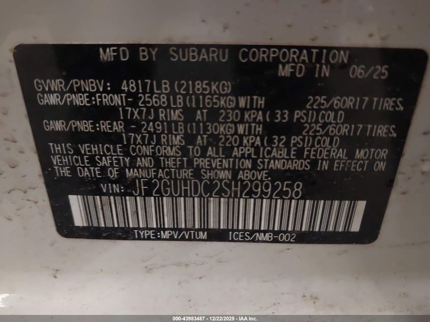 2025 Subaru Crosstrek Premium VIN: JF2GUHDC2SH299258 Lot: 43983487